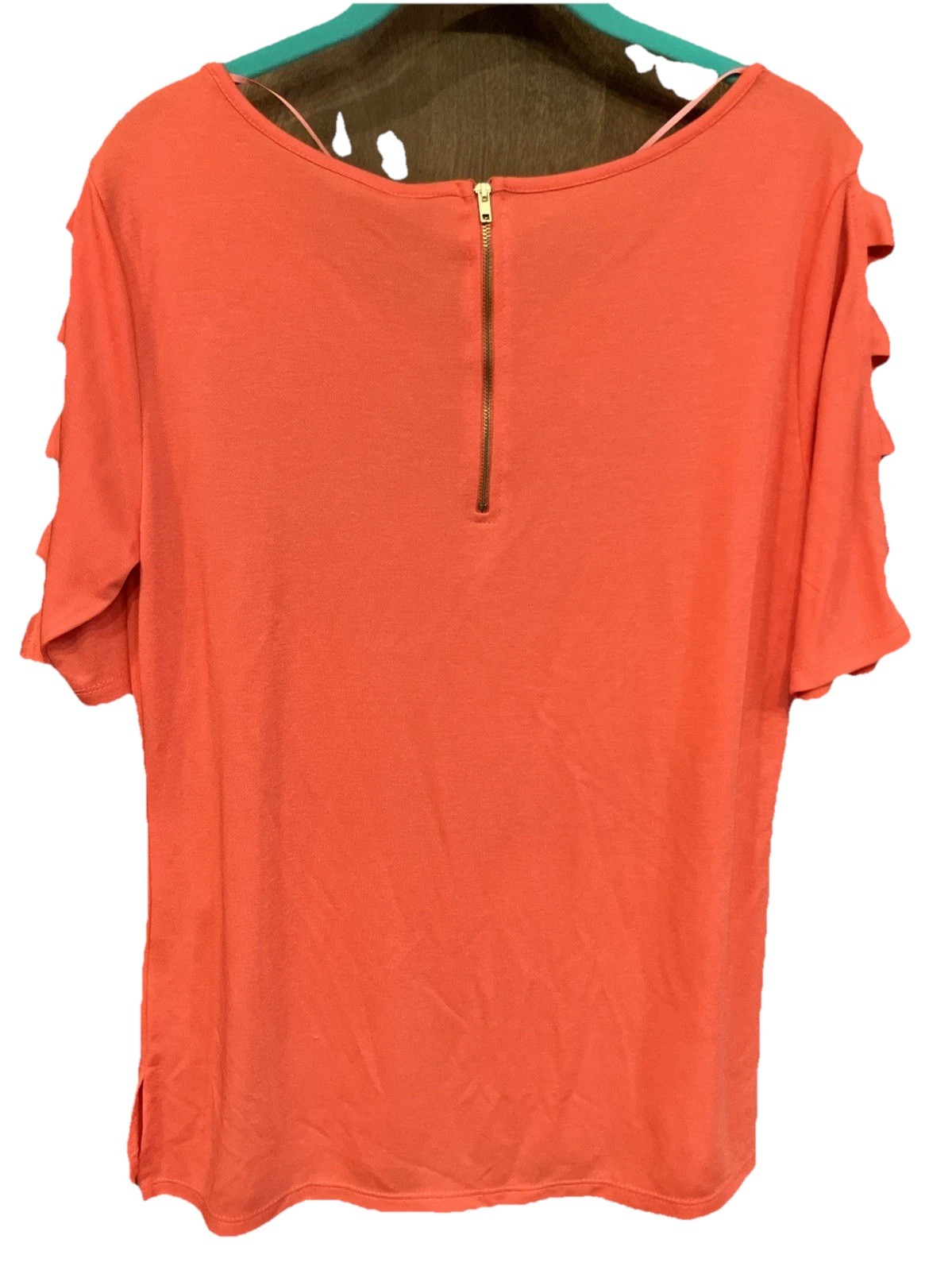 New Love Scarlett “Deco Red” Mesh Knit Scoop Neck Short Sleeved Top Rear Zipper