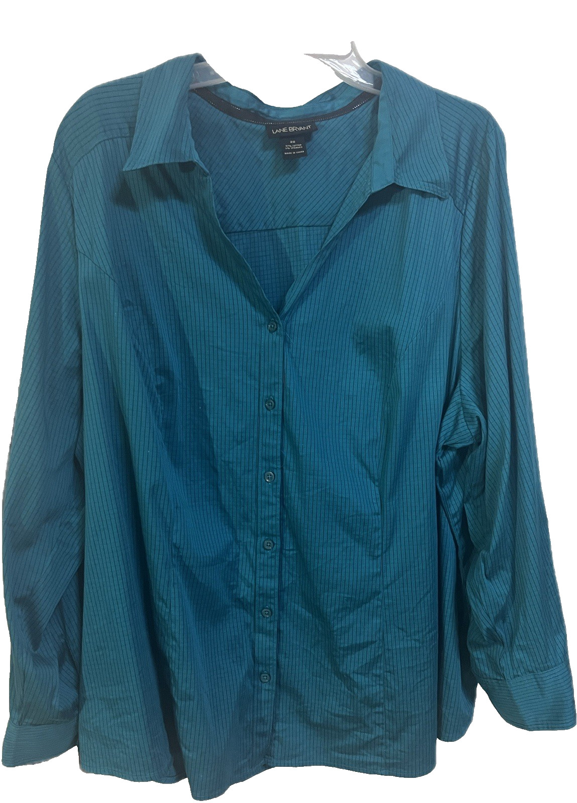 Lane Bryant Blouse Top Button Down Womens Size 28 Green Pinstripe Stretch Pleats