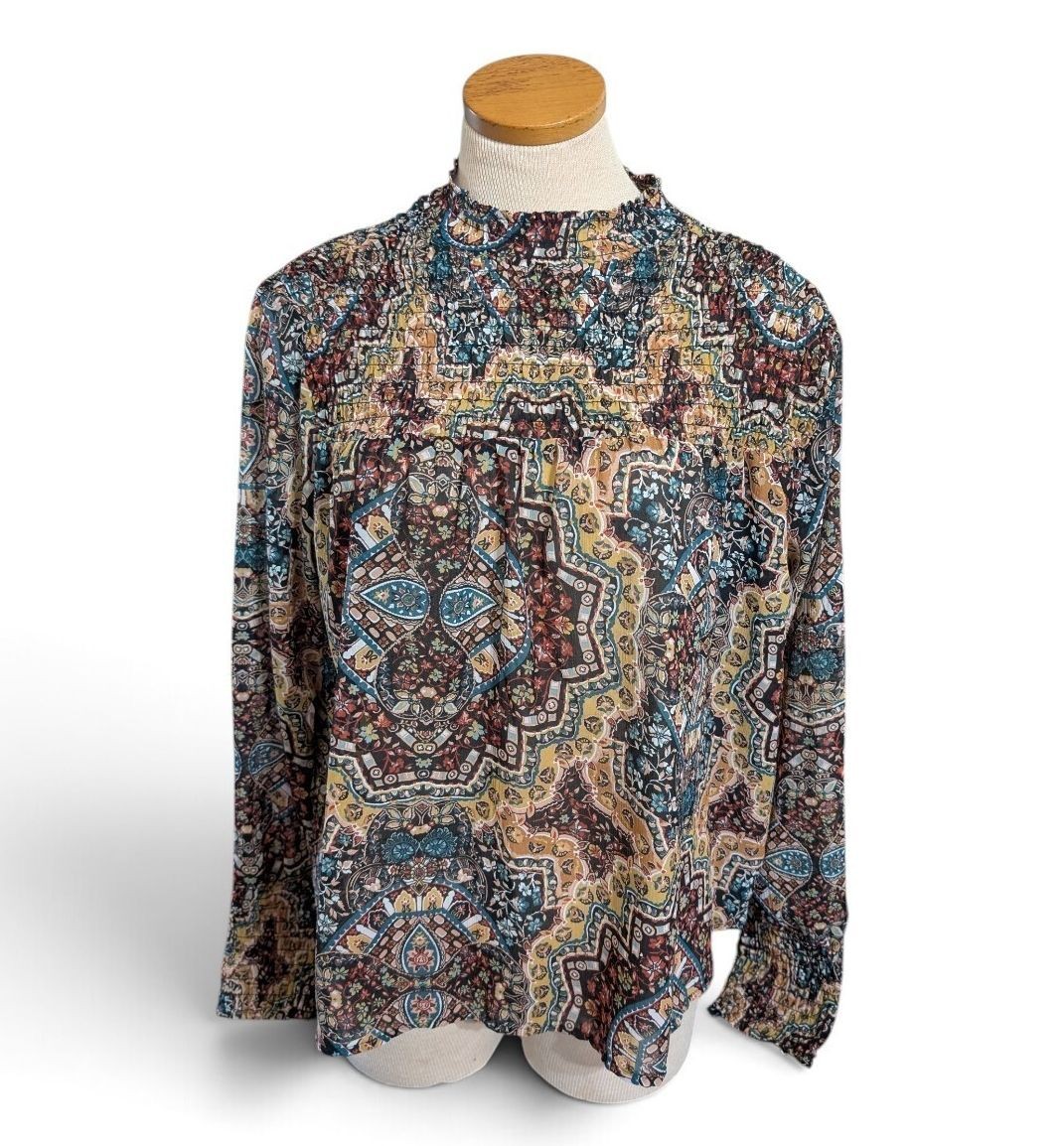 Wrangler Retro Women’s L Paisley Boho Smocked Long Sleeve Western Blouse Top