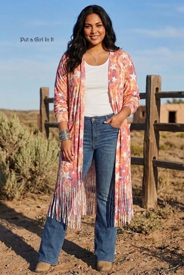 New Boho Plus Size Womens Tie Dye Star Fringe Kimono Cardigan Duster XL 1X 2X 3X