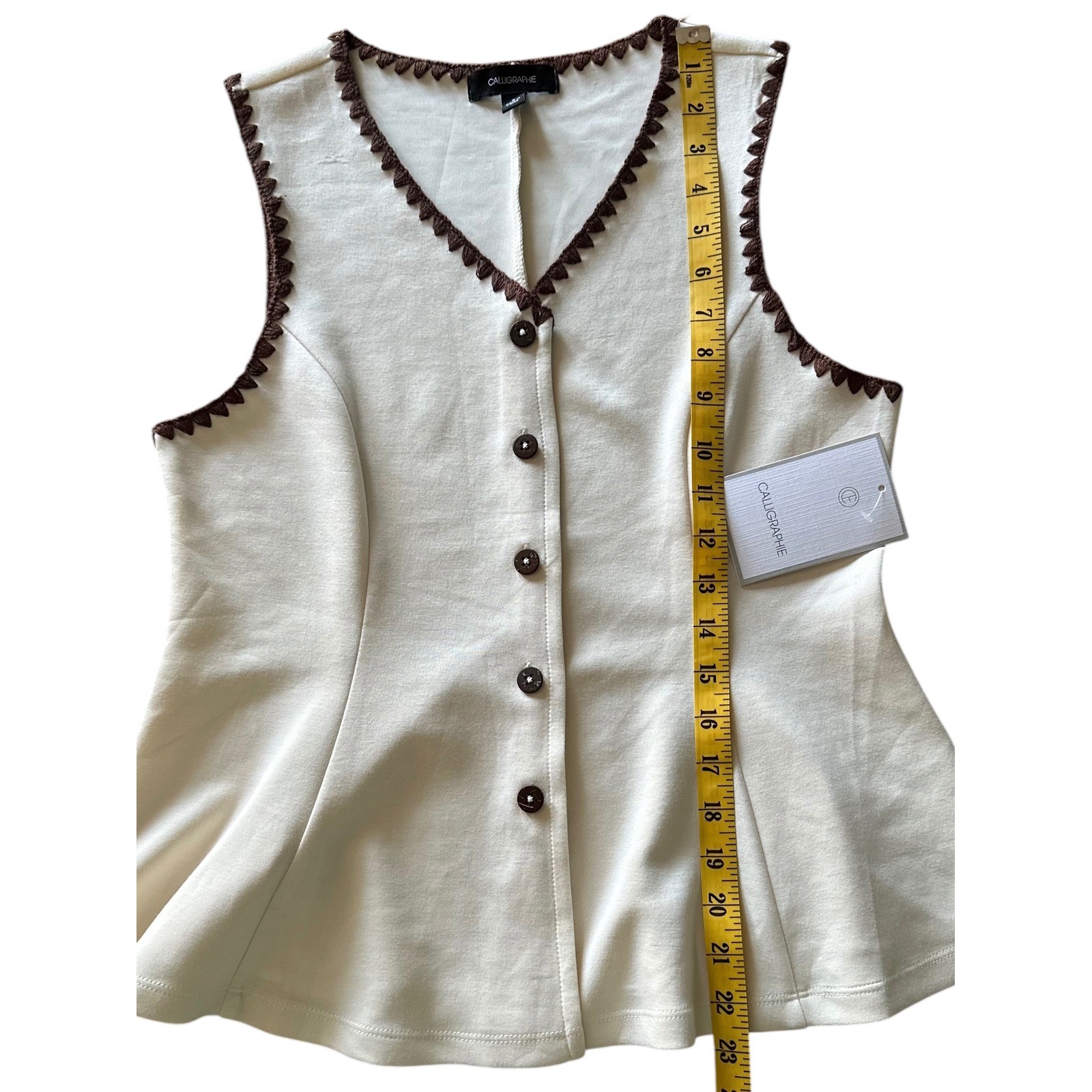 Calligraphie Cream Brown Crochet Trim Button Front Peplum Vest Top Small NWT