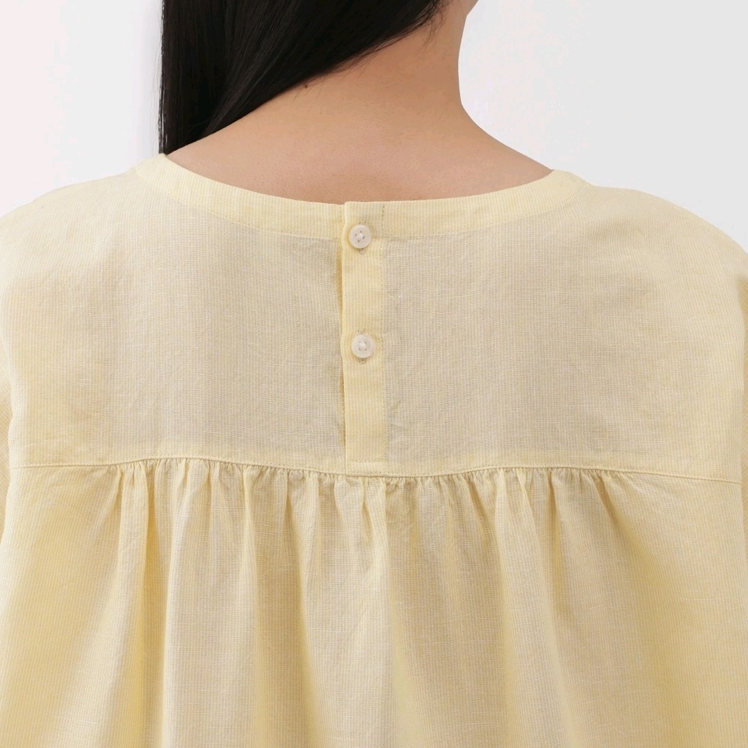 Medium MUJI Womens Organic Cotton Hemp Short Sleeve Blouse Yellow Stripe