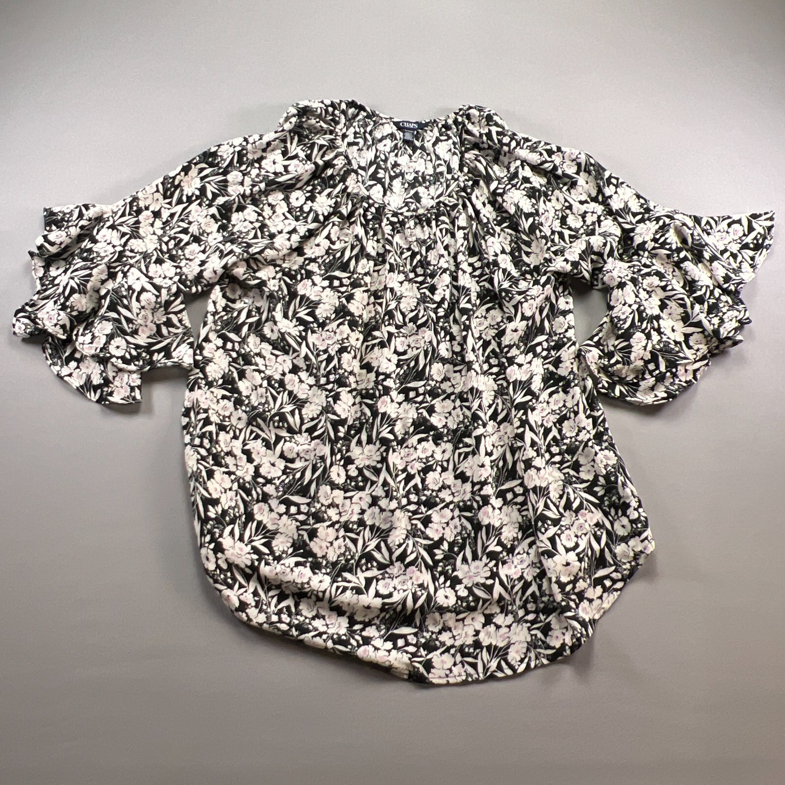 Chaps Peasant Blouse Top Womens XL Black White Floral Flowy Ruffle Bell Sleeves