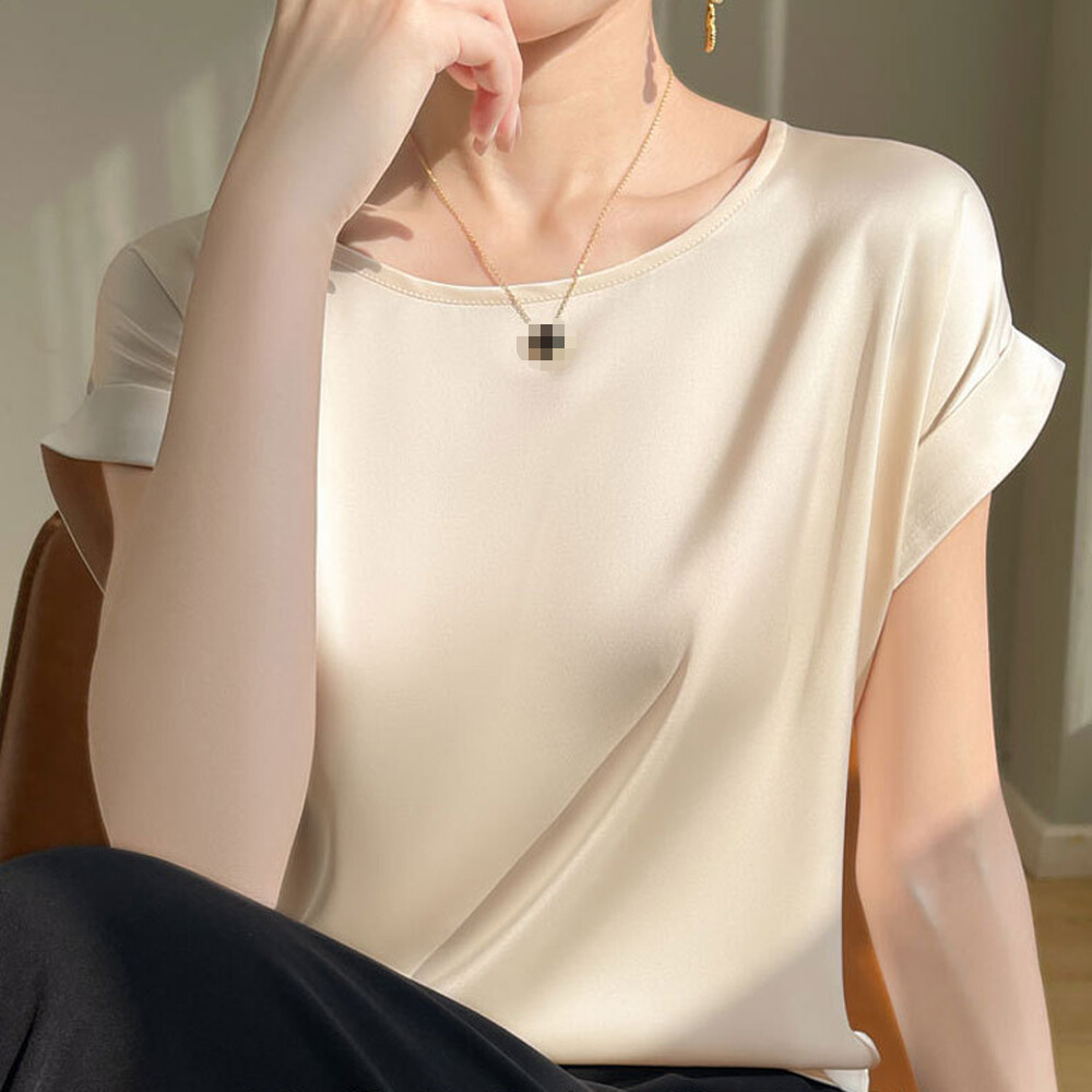 Women’s Silk Satin Blouse Tops Short Sleeve Round Neck Casual T-Shirts Plus Size