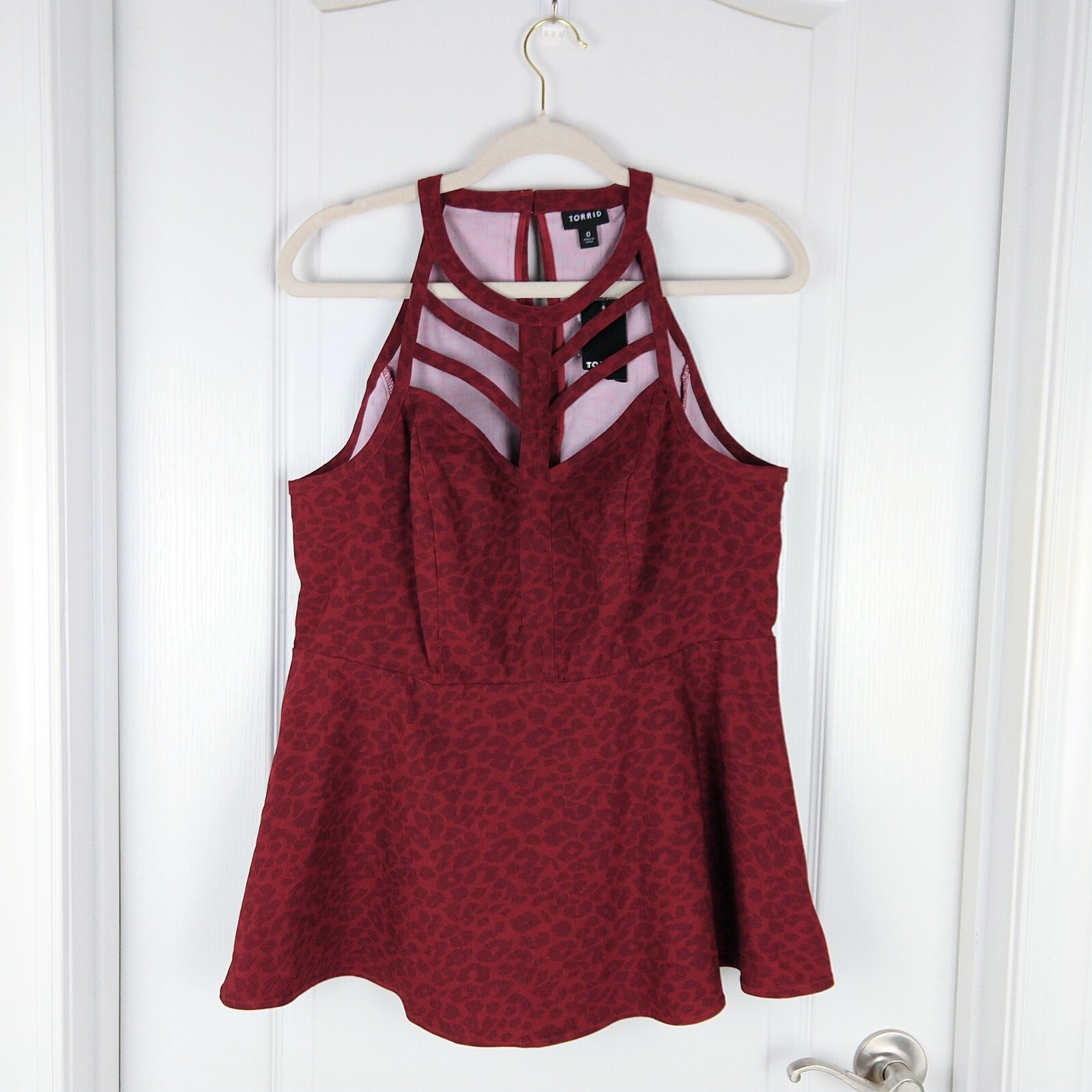 Torrid Top Womens Size 0 Red Animal Print Cage Front Peplum Sleeveless