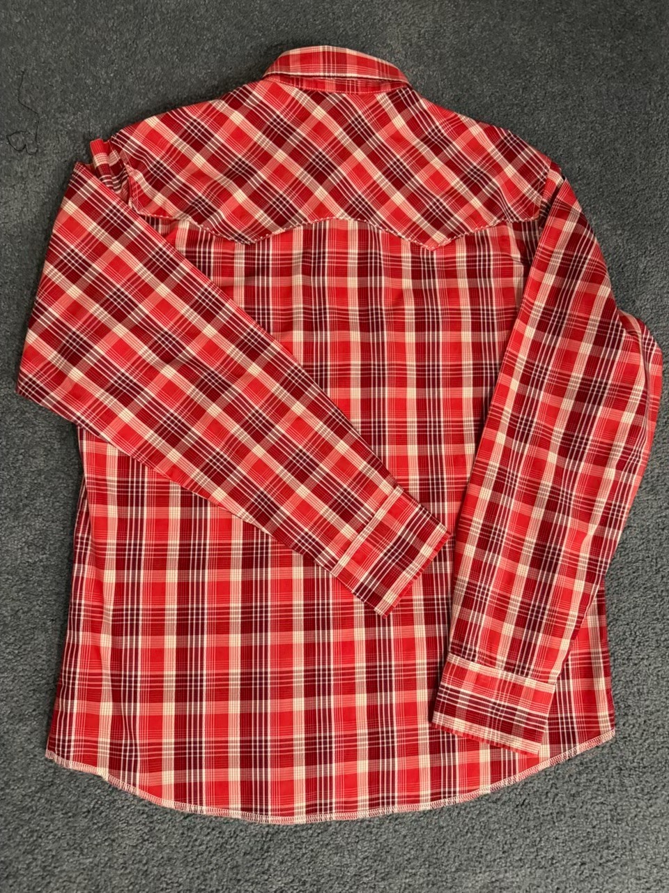 Wrangler Women’s Large Western Plaid Snap Shirt Red Long Sleeve Pearl Snaps EUC