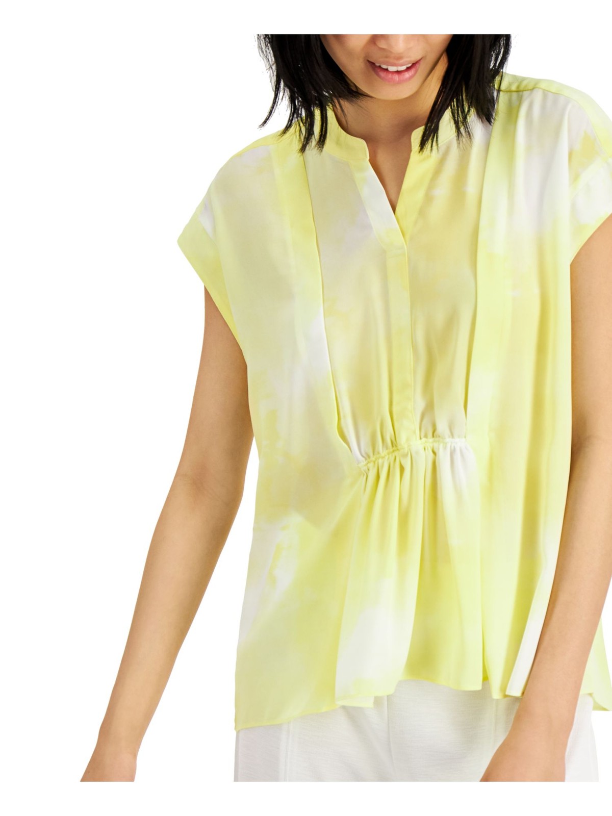 ALFANI Womens Top Tunic Yellow Cap Sleeve Acid Wash L