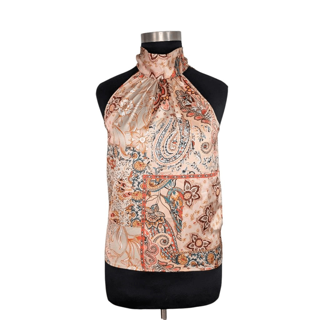 Rachel Zoe L Orange Paisley Tie Neck Top Sleeveless Satin 70s Retro Career Boho