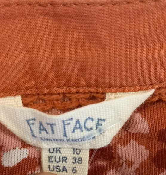 FatFace Org-Tan Orange Pattern Blouse Cotton Blend UK 10 EU 38 Casual Charity