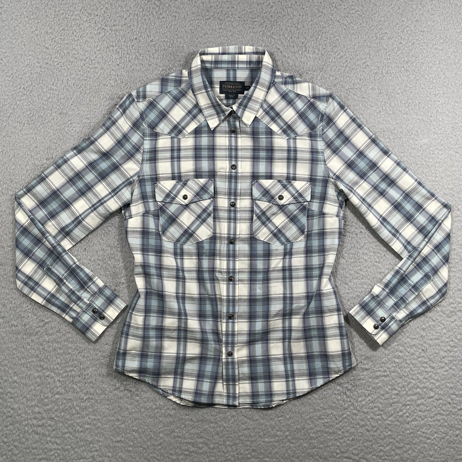 Pendleton Women’s XS Blue Plaid Pearl Snap Button Up Long Sleeve Shirt Western