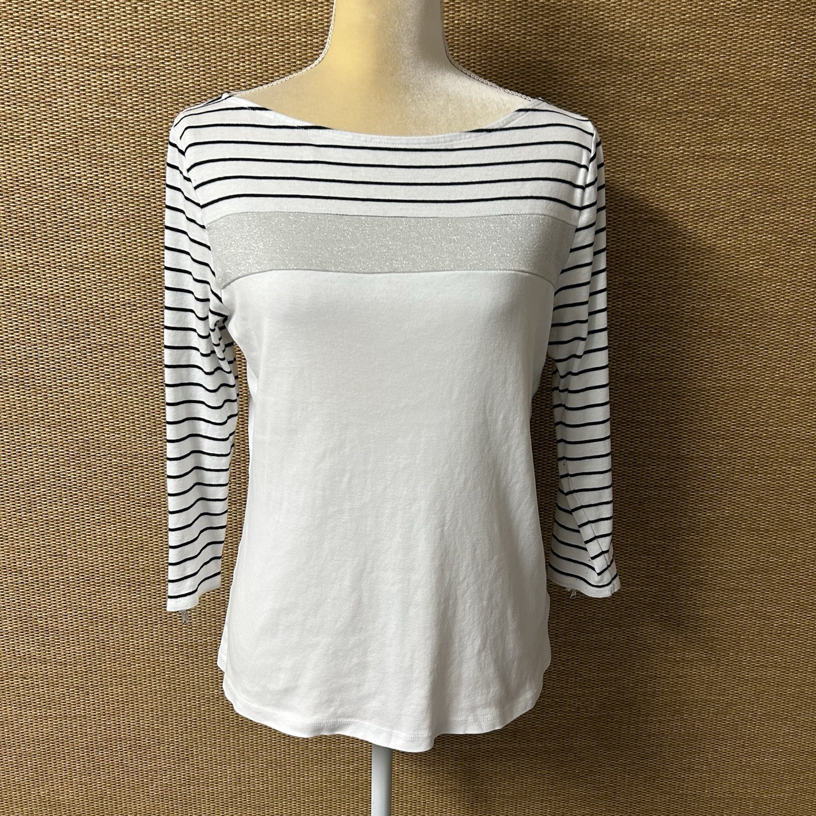 Lauren Ralph Lauren Top Women’s XL Black White Silver 3/4 Sleeve w/ Zipper READ