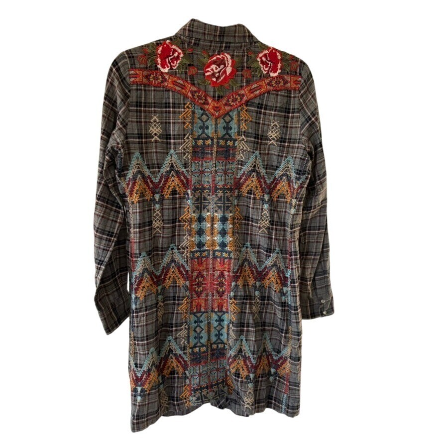 Johnny Was 3J Workshop Plaid Pearl Snap Up Tunic Western Floral Embroidered Boho