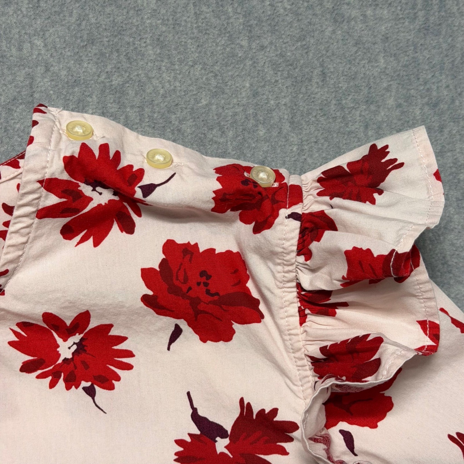 Free Assembly Womens XL Pink Red Floral Ruffle Shoulder Cotton Blouse Top