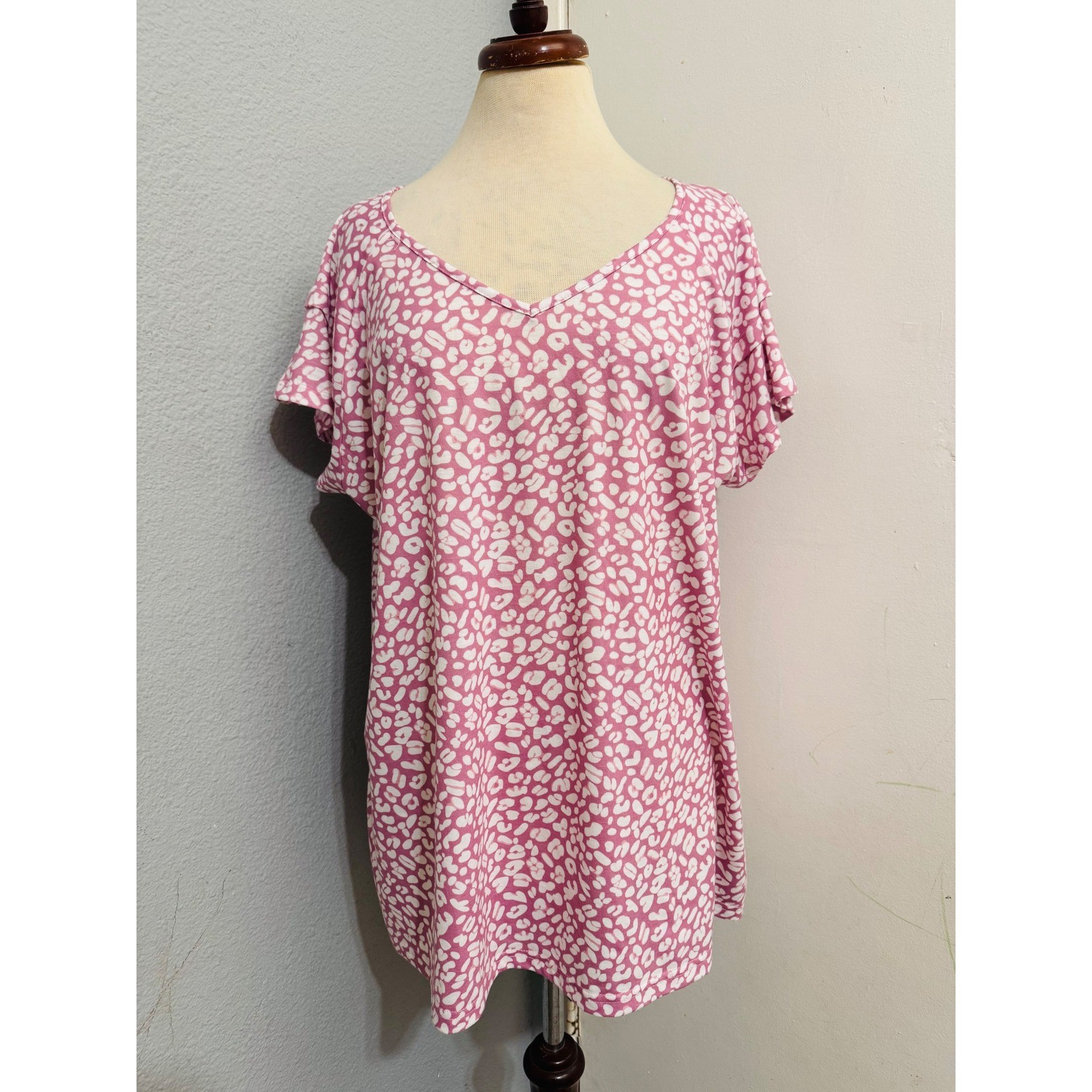 Ofeefan Womens Tunic Top 3XL Pink Leopard Animal Print V-Neck Short Sleeve Comfy