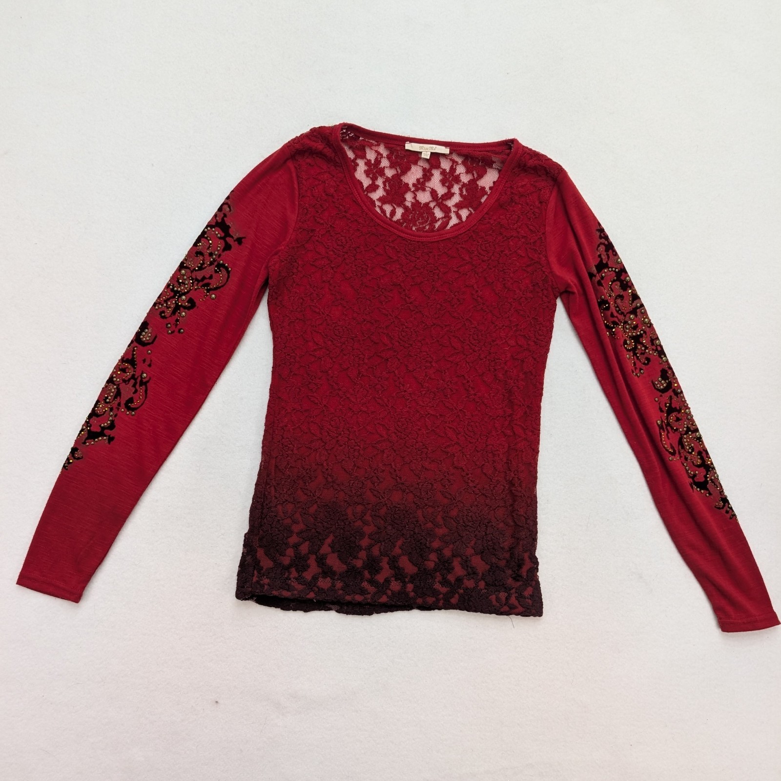 Miss Me Women’s Top Size S Red Lace Long Sleeve Y2K Embellished Rock