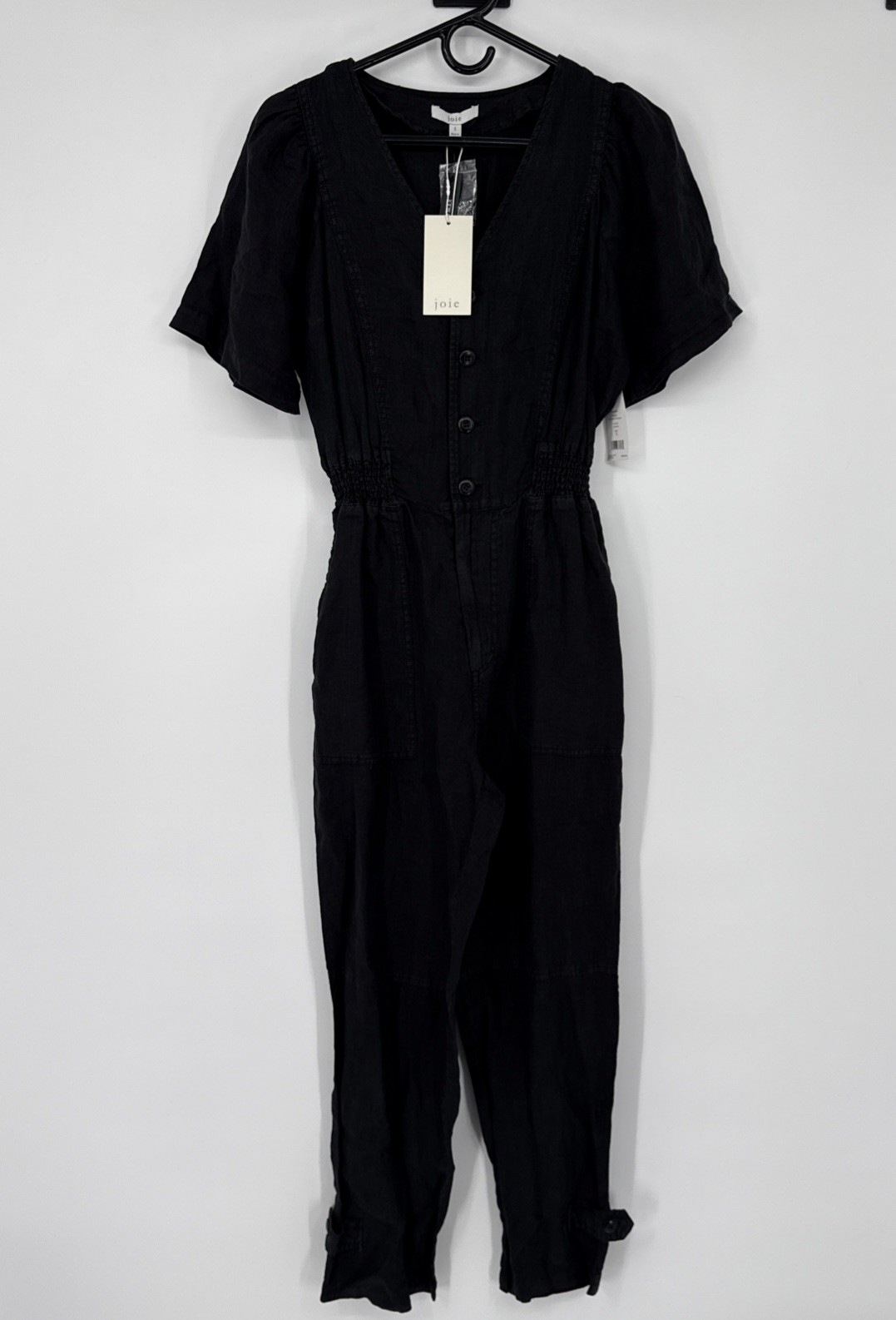 NWT $298 Joie Womens Bramwell Jumpsuit Black S Linen Smocked Waist Boho Gothcore