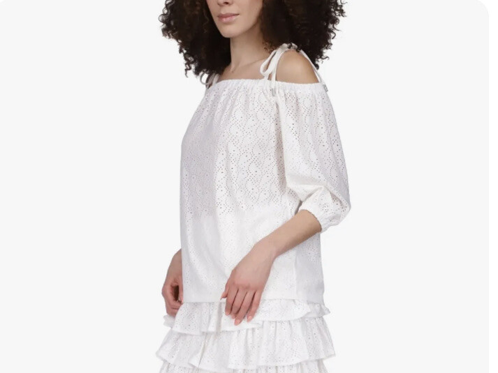 MICHAEL MICHAEL KORS Off-The-Shoulder Eyelet Top White Tie Strap Size L