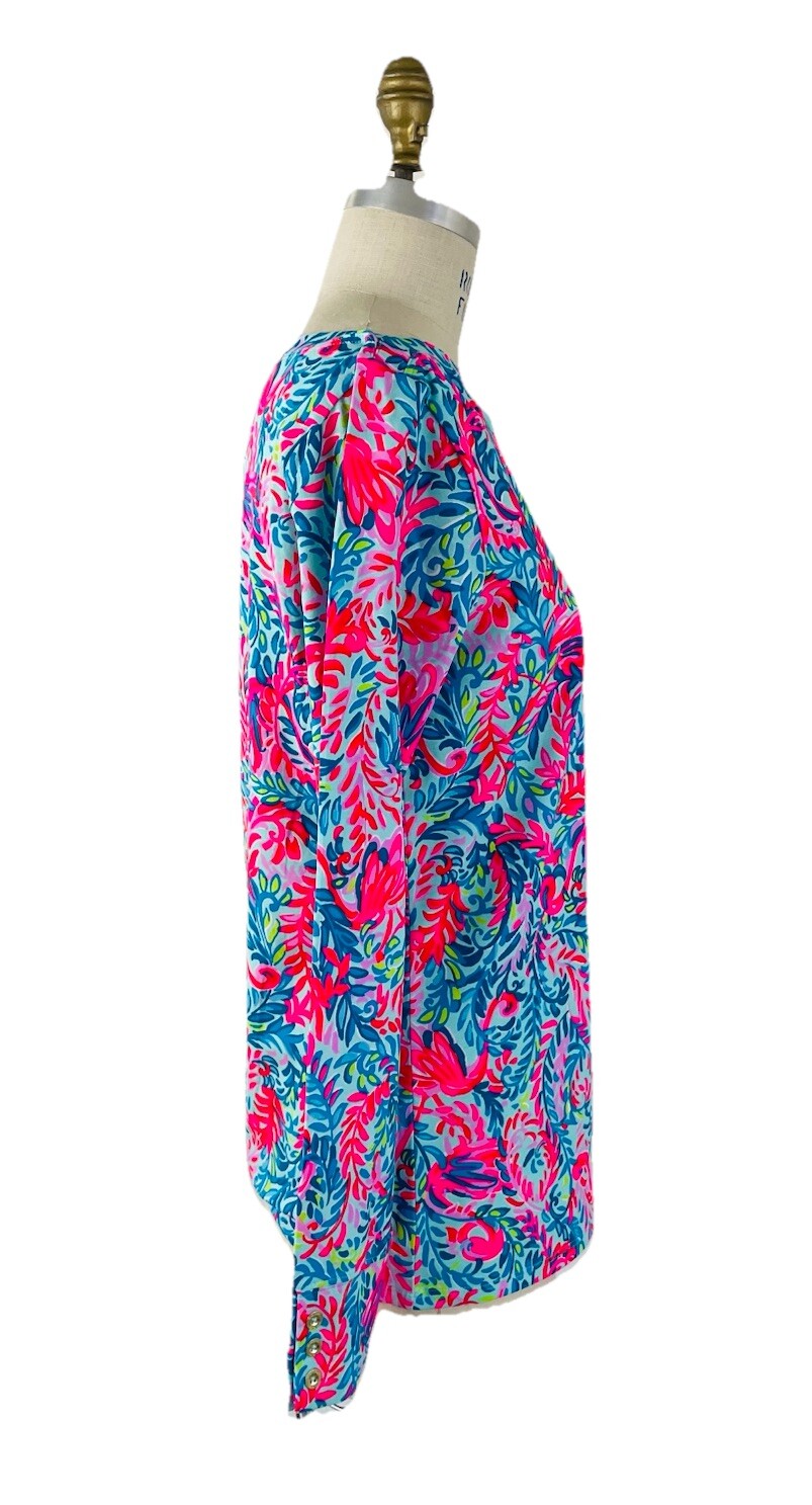 Lilly Pulitzer Aleah Top Long Sleeve Surf Blue Flim Flam SZ XL