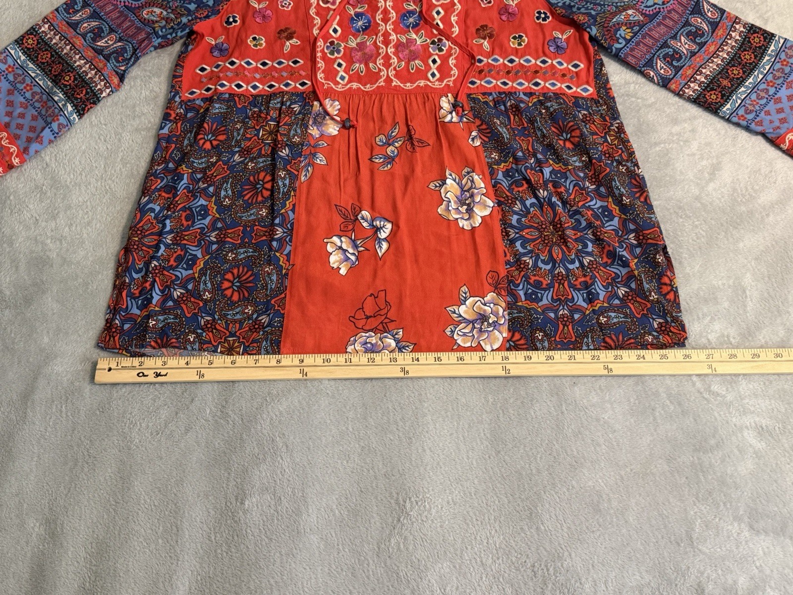 John Mark Embroidered Tie-Front Multi-Print Tunic Spice Red Blue Boho Size Large