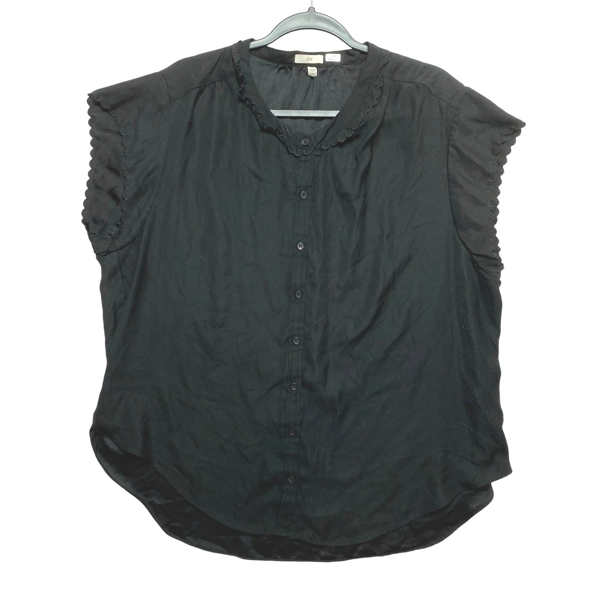 Joie Blouse Womens XXL Black Cap Sleeve Top Scalloped Trim Button Up