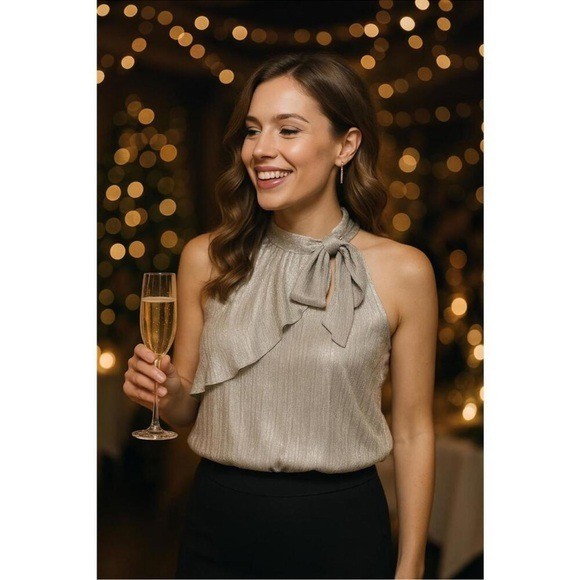 WHBM Metallic Flounce Sleeveless Halter Top Women’s Sz XS Silver Bow Elegant