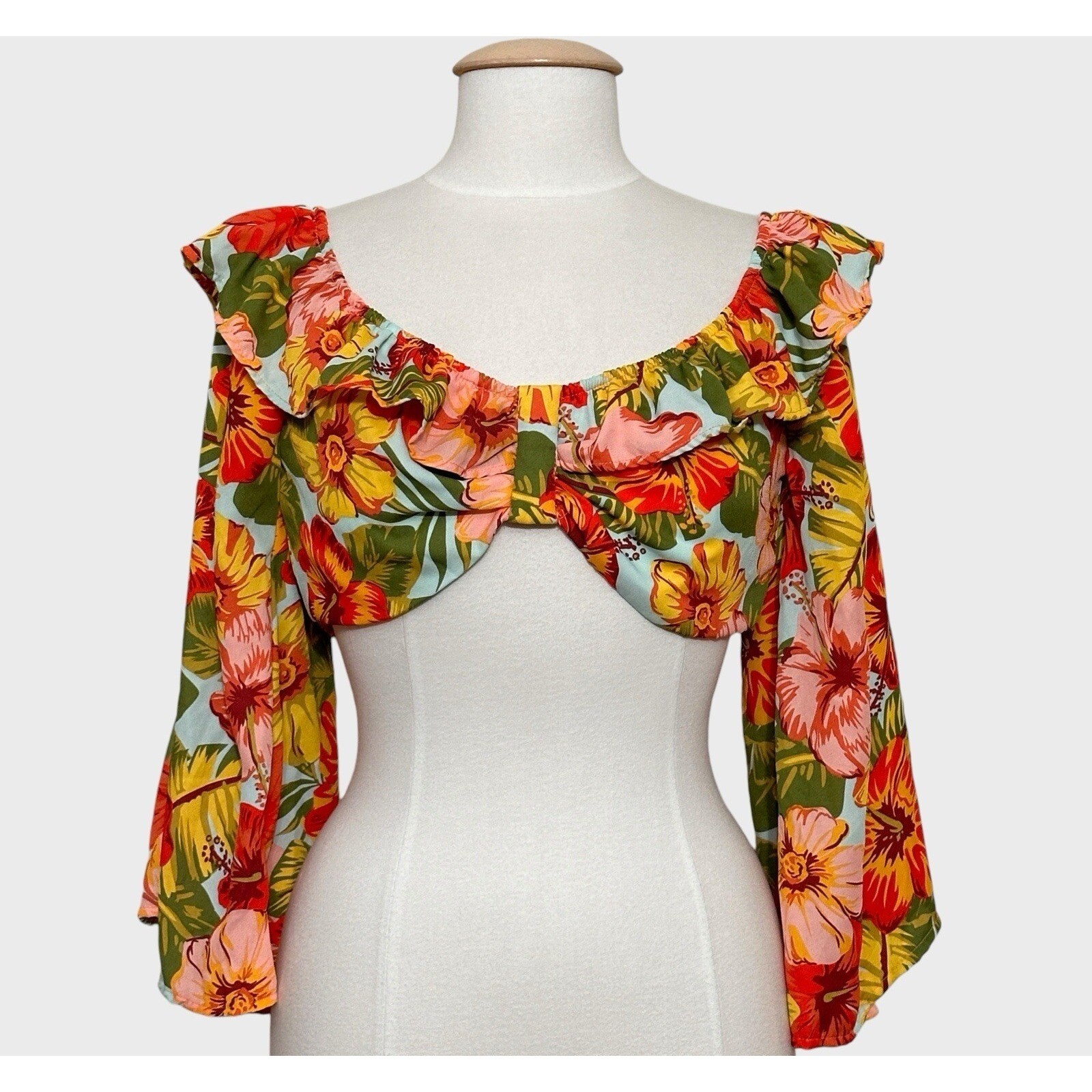 Love by Design Womens Top Large Orange Tropical Floral Ruffle Crop Flare Retro