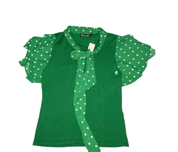 7th Avenue green short-sleeve polka dot bow neck tie and ruffled sleeves S