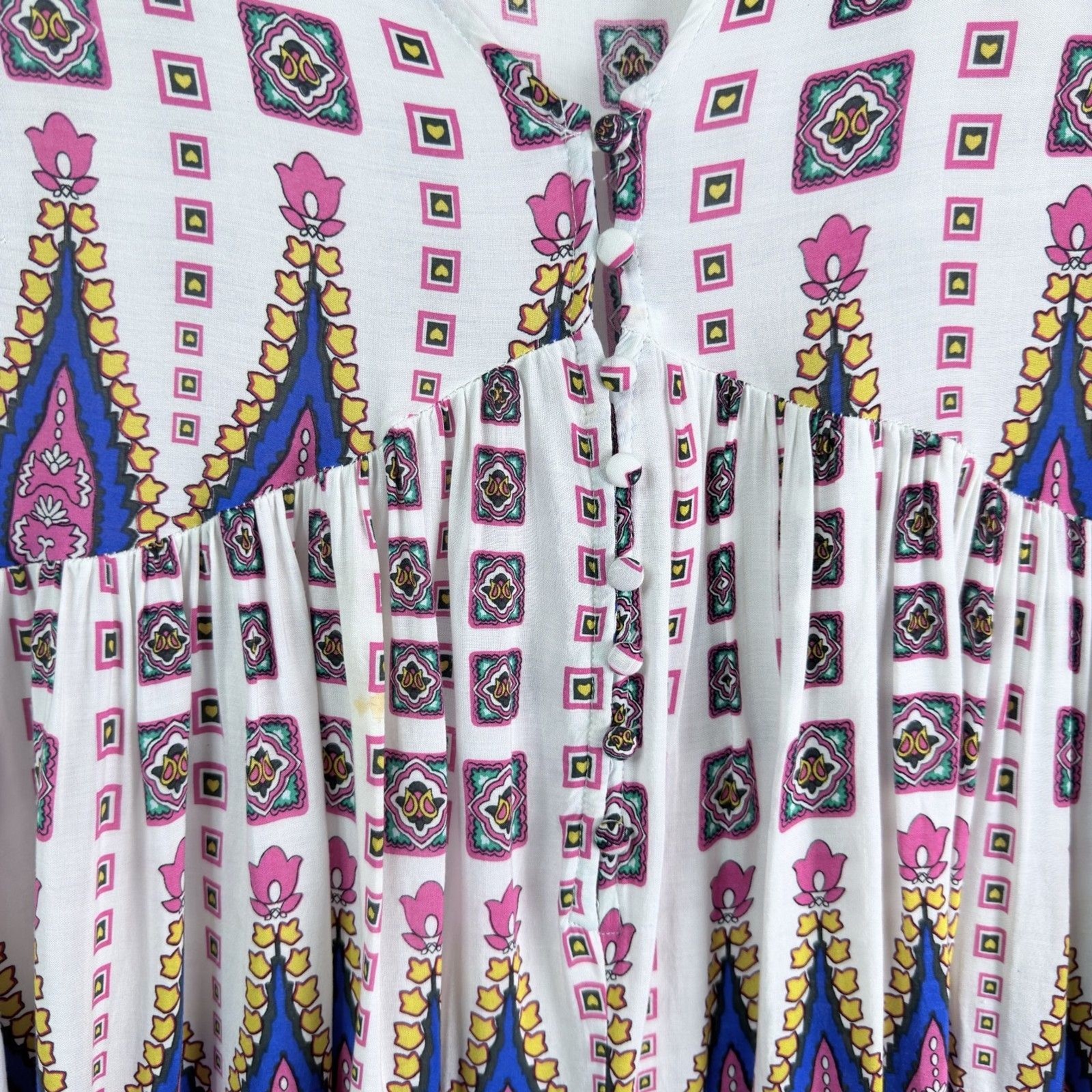 umgee paisley boho babydoll mini dress bell sleeves button front colorful size m