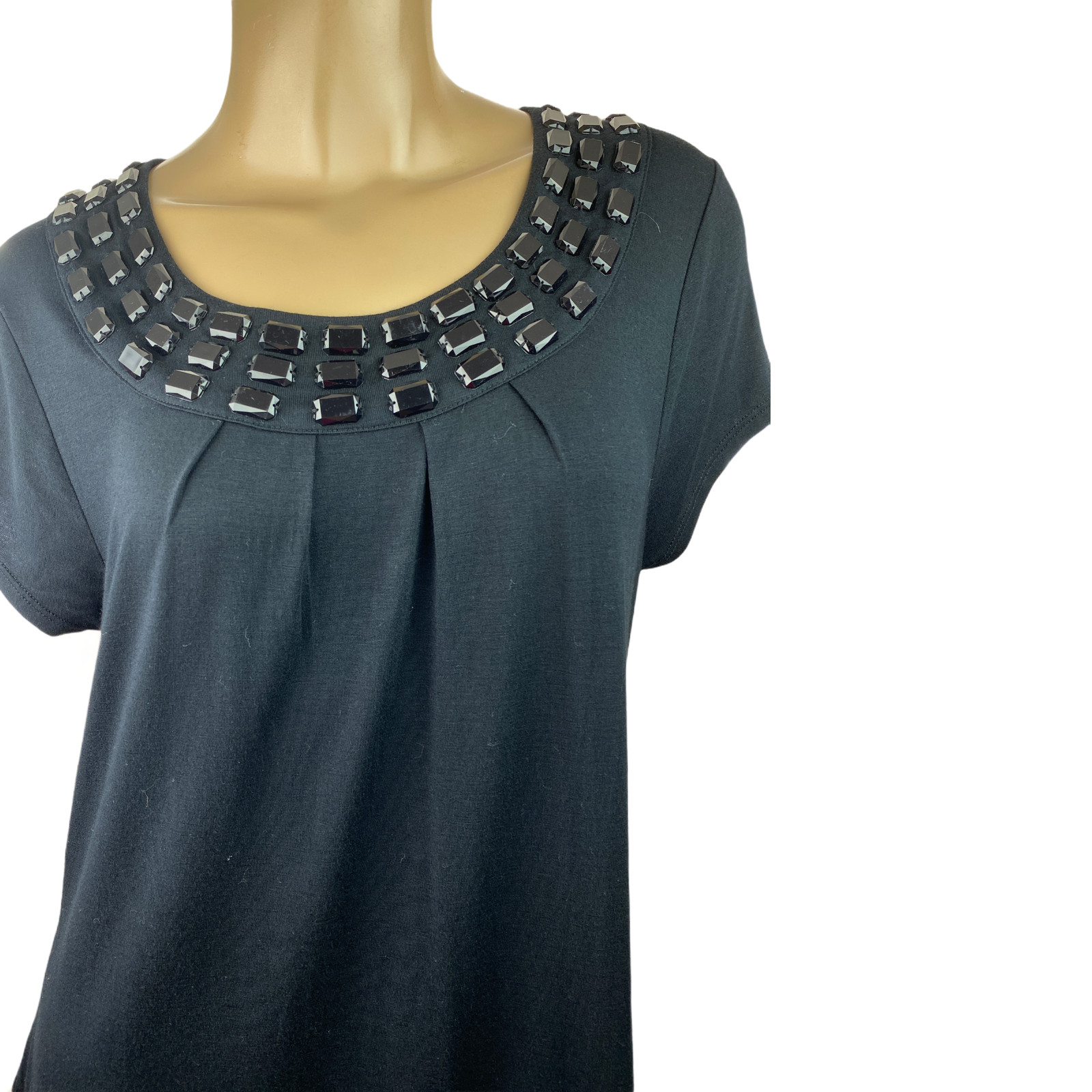 Design History Size L Black Top Blouse Cap Sleeves Black Beads at Neckline