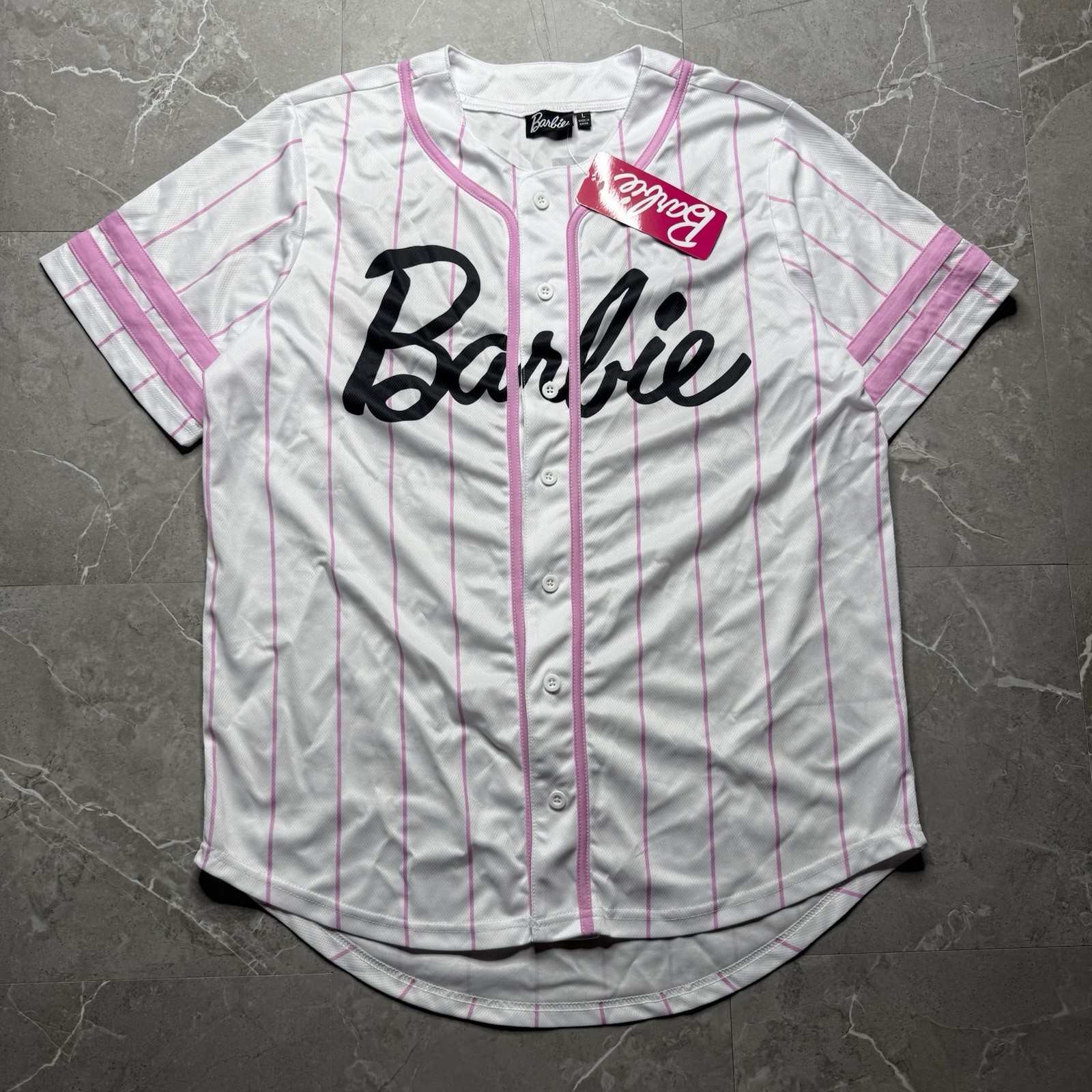 Barbie Jersey Womens Large Short Sleeve Button Up #59 Baseball Pink & White NWT
