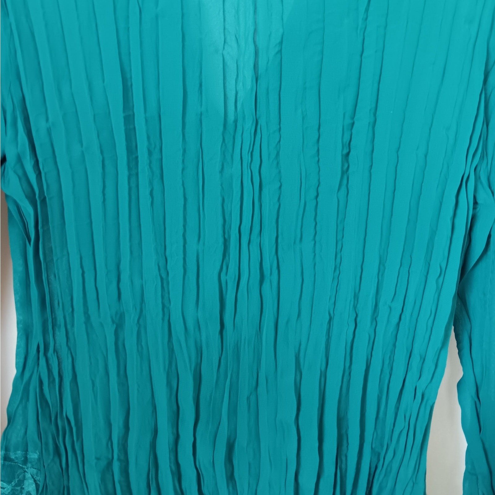 VTG Y2K NY Collection Sz S Teal Sheer Crinkle Fabric Ruffle & Lace Front Collar