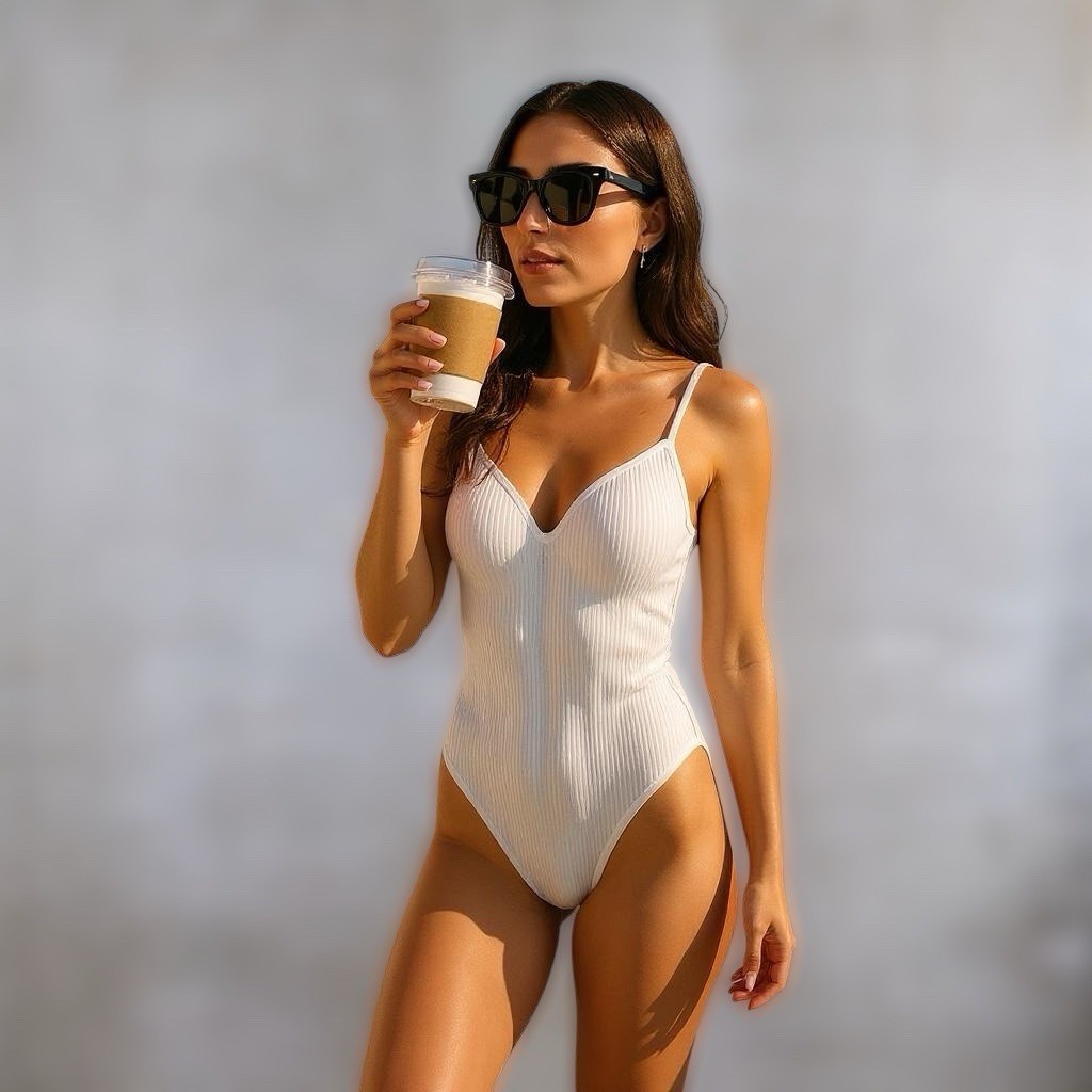 Ribbed Thong Bodysuit Womens Size M/L White Stretch Padded Capsule Wardrobe