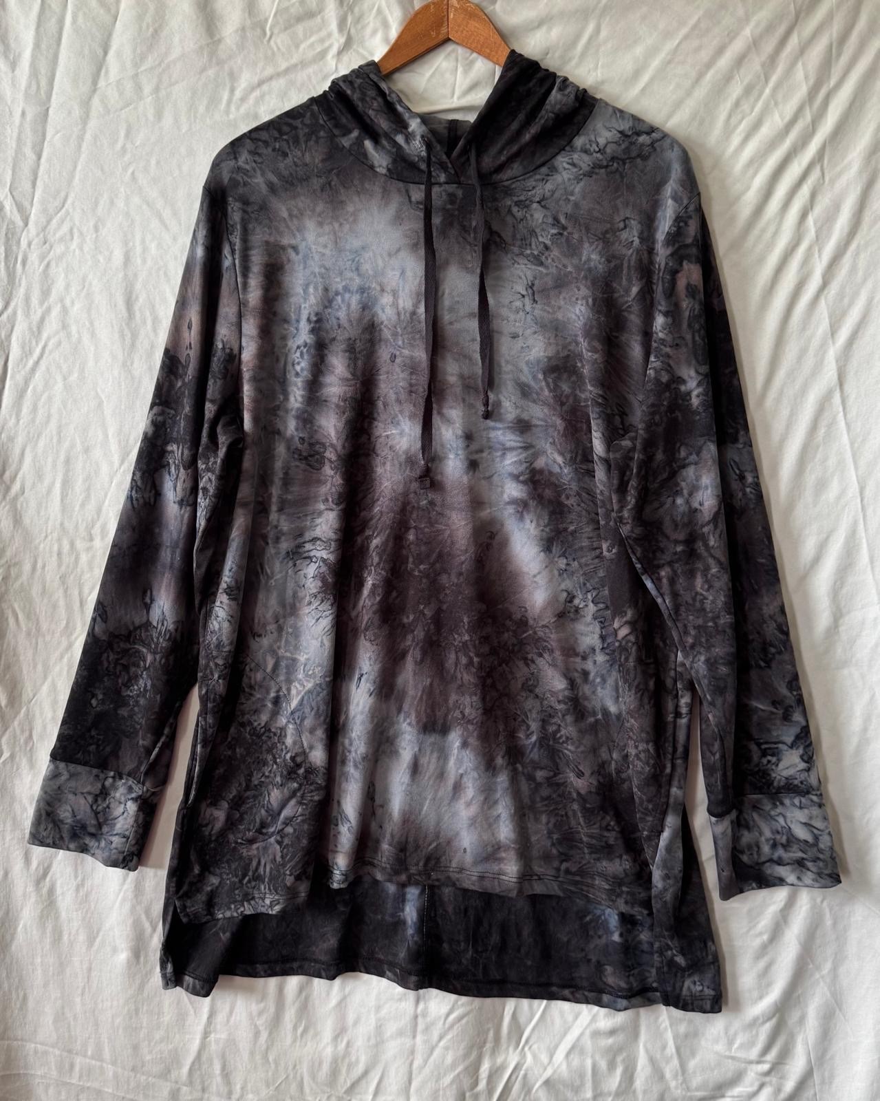 Logo Lounge Top Womens L Black Gray Tie Dye Hooded Tunic Side Pockets