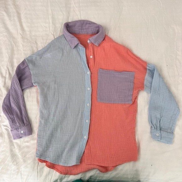 Coral, sky blue, and lavender colorblock gauze button-down