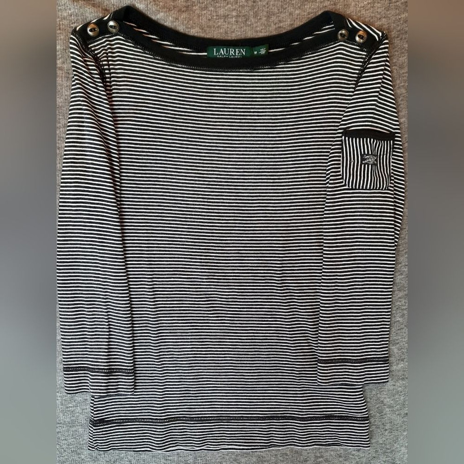 Lauren Ralph Lauren Blouse Womans Medium Black White Striped Preppy Classic