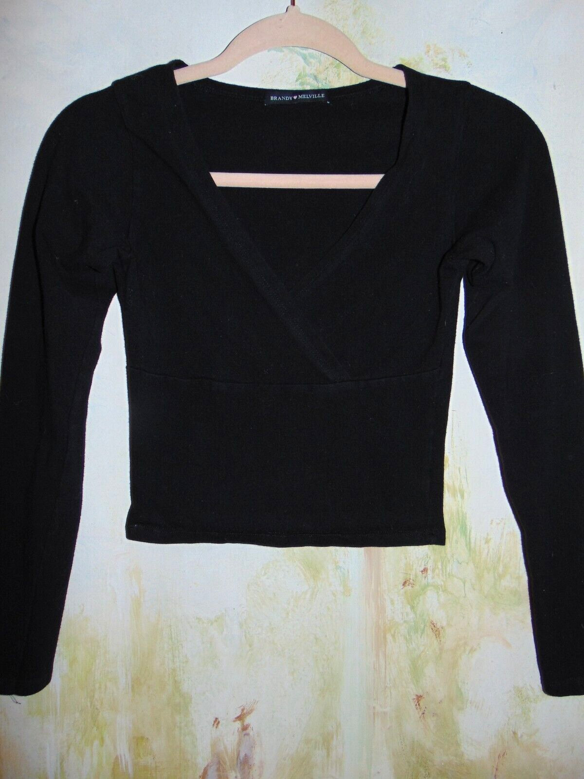 Brandy Melville Black Surplice Bodycon Stretch Cropped Blouse Top Coquette Boho