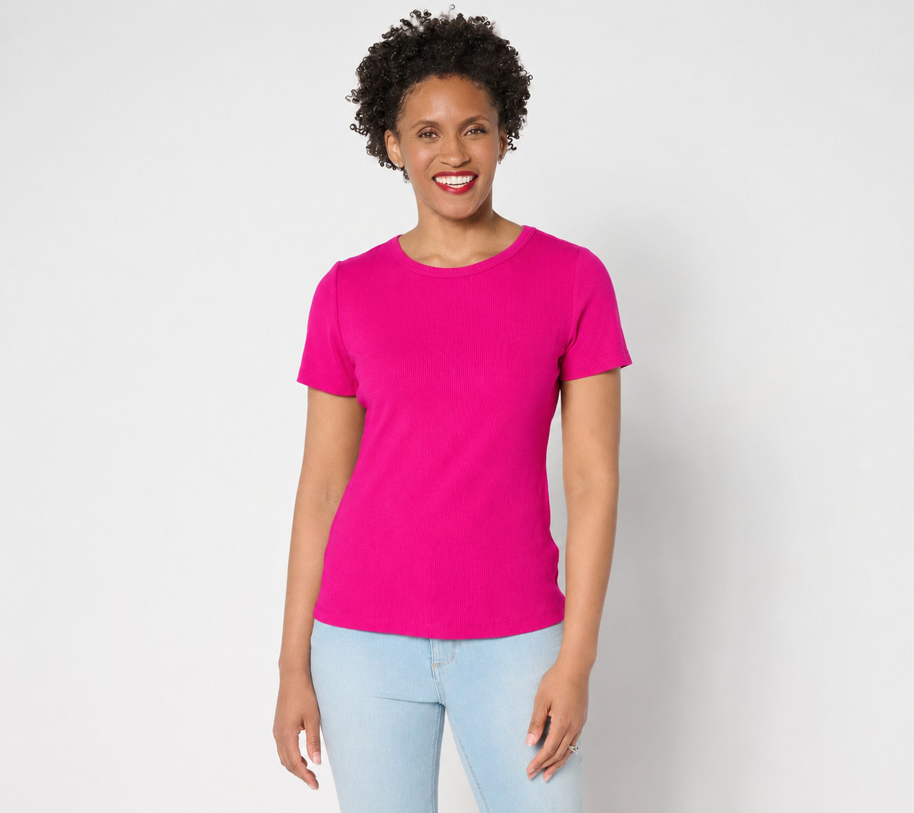 Susan Graver Every Day Fib Knit Short-Sleeve Top Vivid Pink Large #47″
