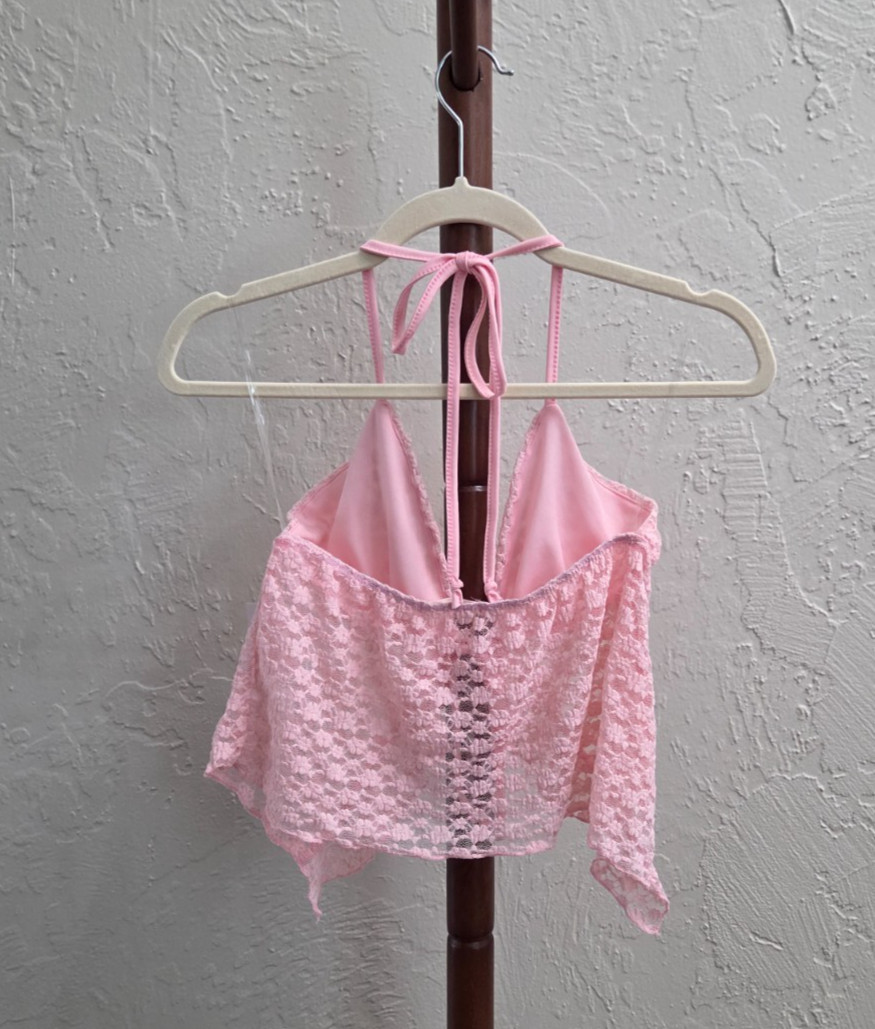 T163. Women’s Summer Resort Vacation Pink Boho Lace Halter Top