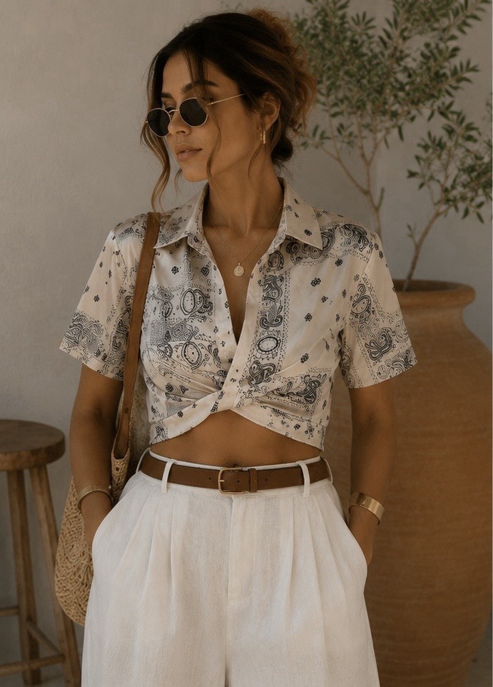 Superdown Paisley Twist Front Crop Top XS Side Zip Wrap Print Collared Shirt