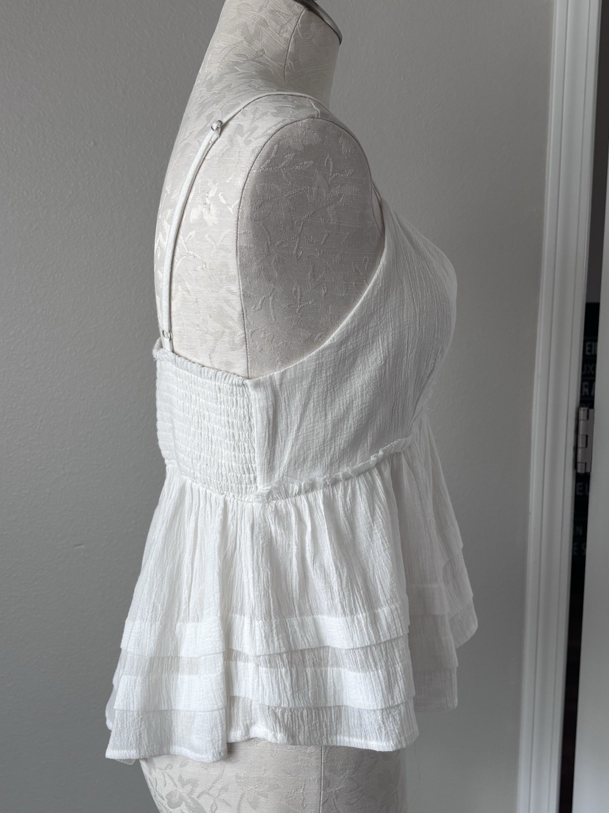 Altar’d State White V Neck Camisole Top Smocked Back Strap Ruffle Gauzy Large