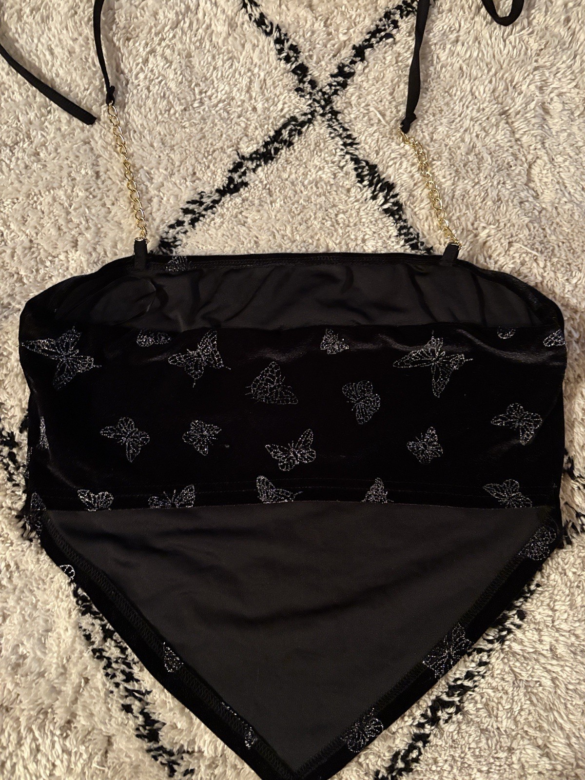 Black Crushed Velvet Butterfly Triangle Tank Top with Golden Chain
