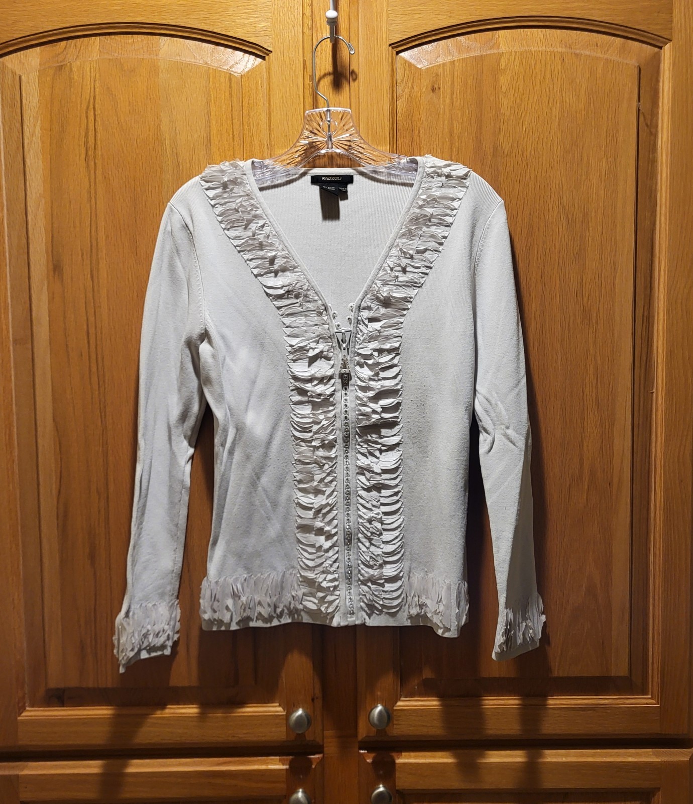 Radzoli Women’s Sequined Ruffled Embellished Full Zip V-Neck Jacket Size S White