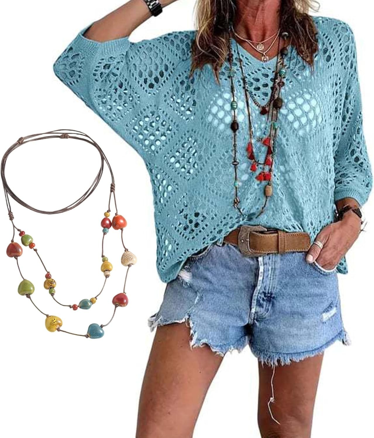Women’s Bohemian-Inspired Beige Crochet Top with V-Neck