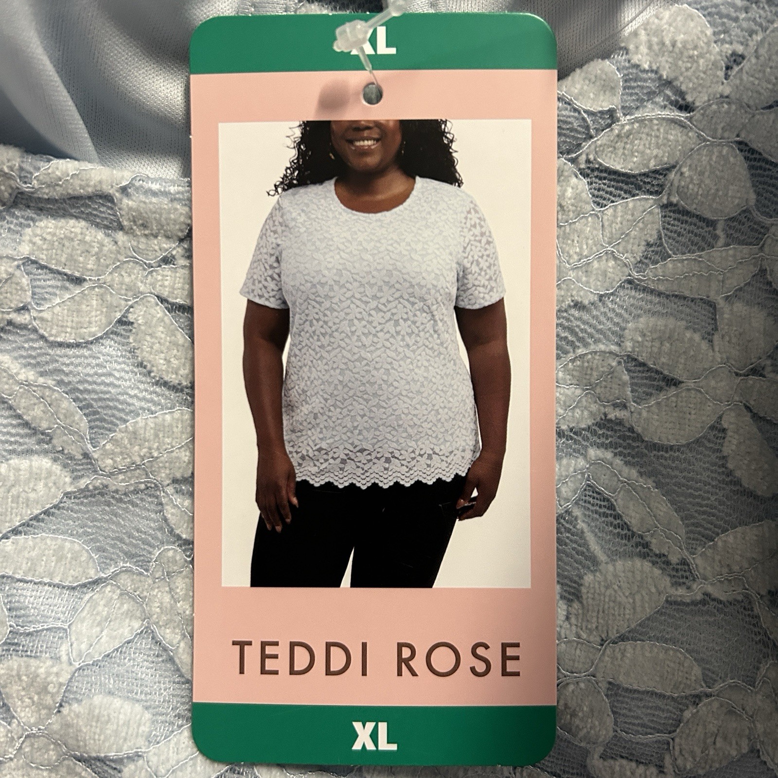 Teddi Rose Lace Overlay Short Sleeve Top, Women’s, Size XL, Color Light Blue.