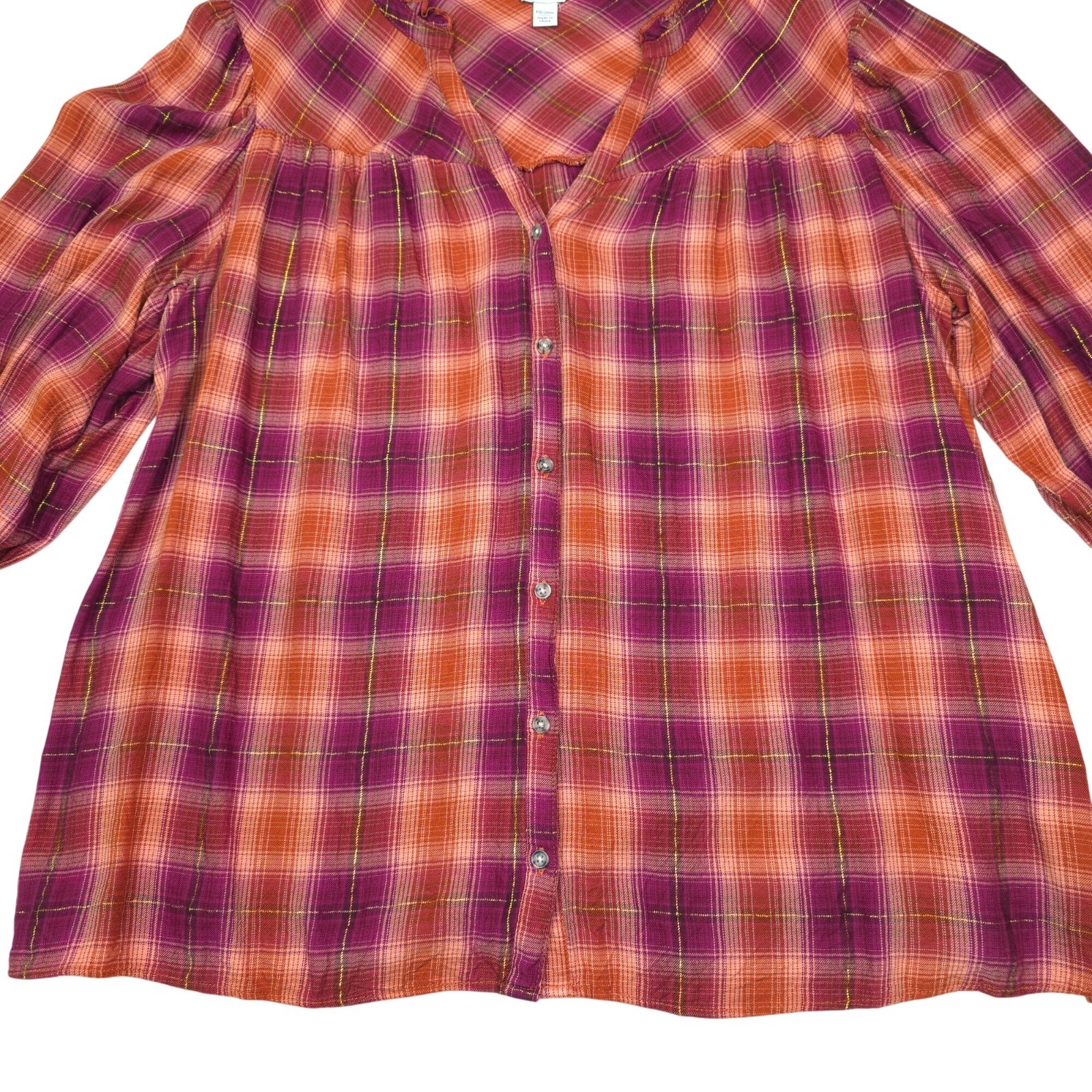 Cato Womens Plaid Button-Down Top With Ruffle Trim 18/20W Rayon Blend Blouse