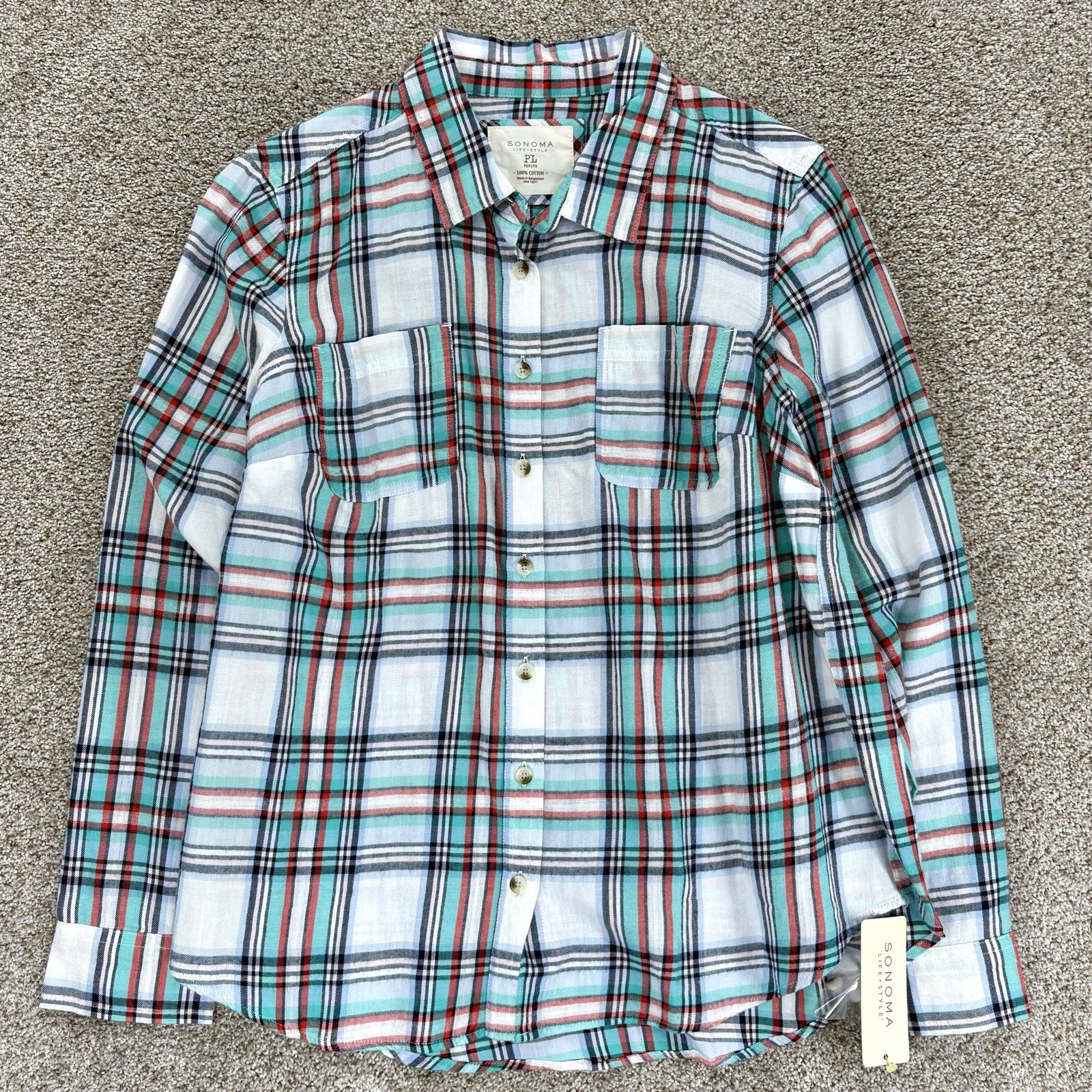 Sonoma LifeStyle Flannel Button-Up Shirt Women PL Blue Plaid Coastal Coverup NWT