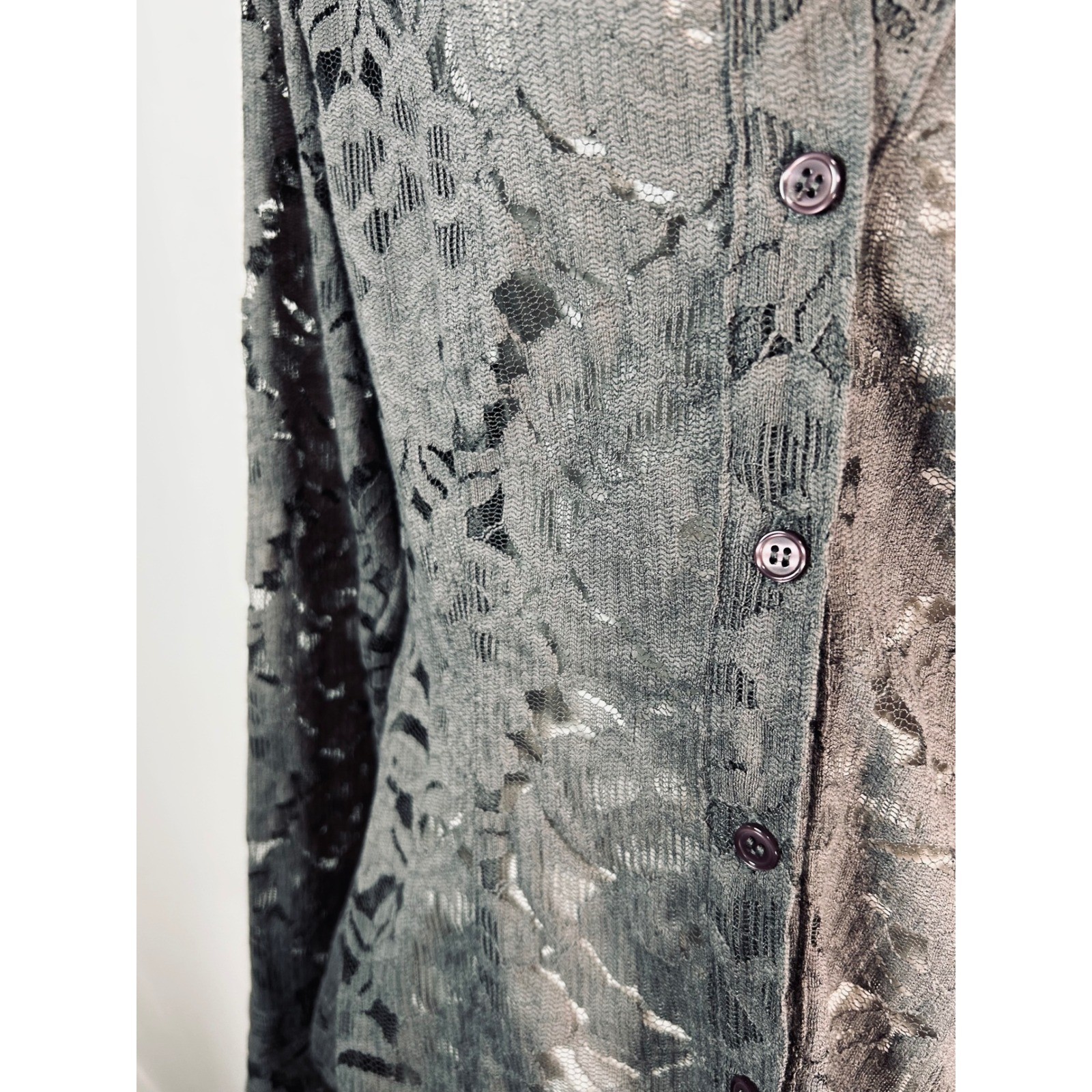 New York & Company Grey Sheer Floral Lace Button Down Stretch Shirt Top Medium
