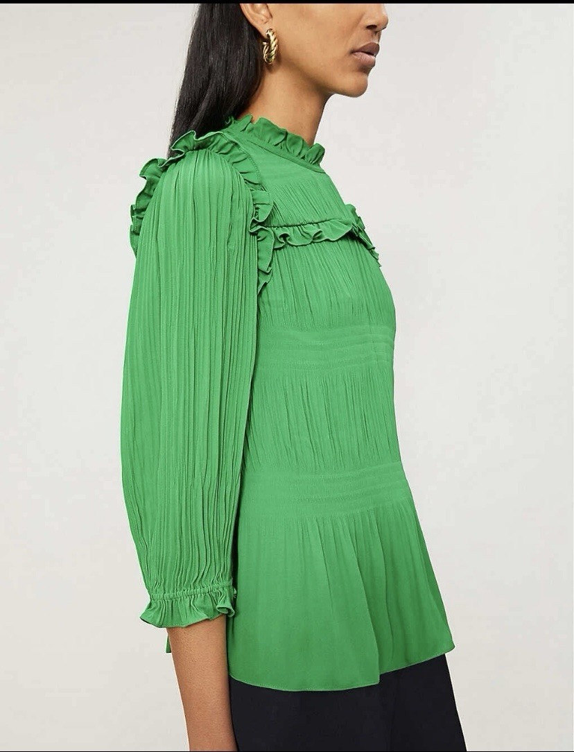 TED BAKER Airlie green frill ruffle high neck pleat blouse top gypsy boho Size 3