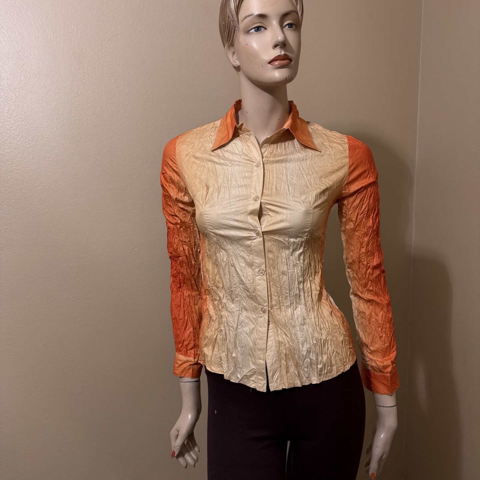 Women’s Sand Orange Ombré Polyester Pleated Collared Size S Shirt Blouse Top