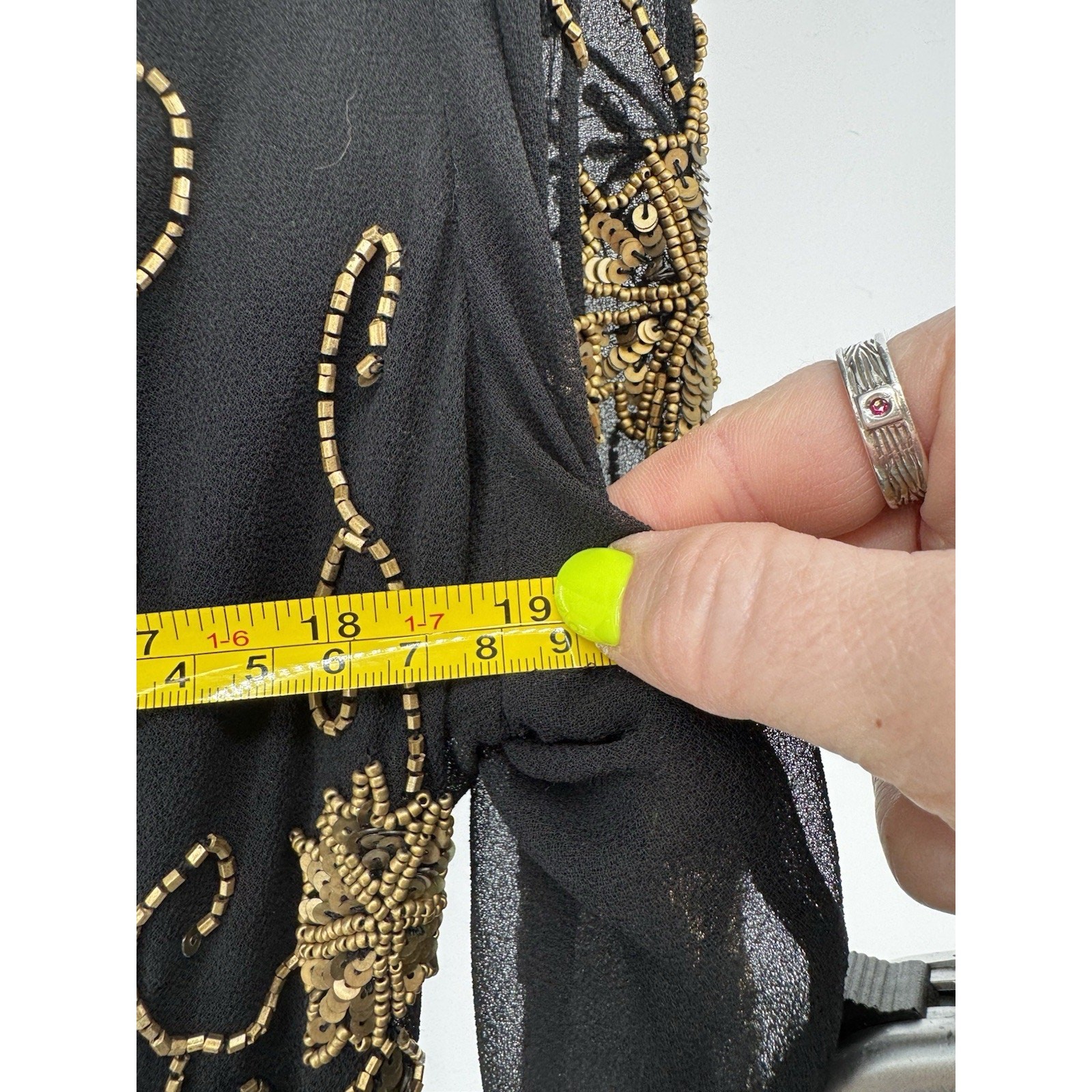 Jacques Vert Beaded Top Sheer Black Gold Beads Size 12 Vintage NWT Flaw